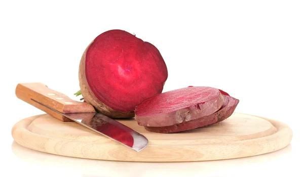 Young red beet and knife on wooden board isolated on white — Stock Photo, Image