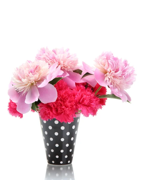 Bouquet of carnations and peonies in a vase isolated on white — Stock Photo, Image