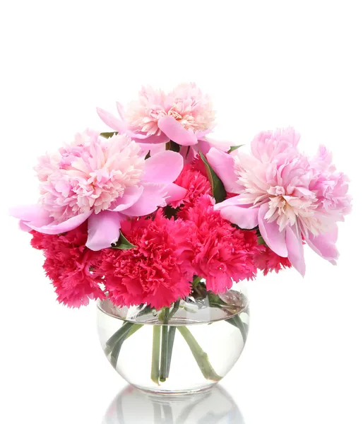Bouquet of carnations and peonies in glass vase isolated on white — Stock Photo, Image
