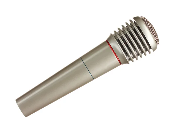 Parlak gri demir mikrofon üzerinde beyaz izole — Stok fotoğraf