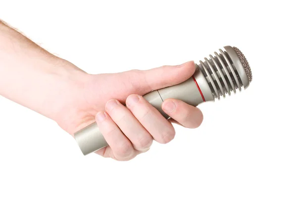 Micrófono de hierro gris brillante en mano aislado en blanco — Foto de Stock