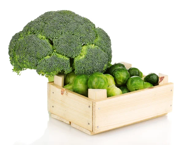 stock image Brussels sprouts in wooden crate and broccoli isolated on white