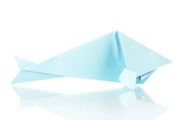 Origami pescado fuera del papel azul aislado en blanco — Foto de Stock