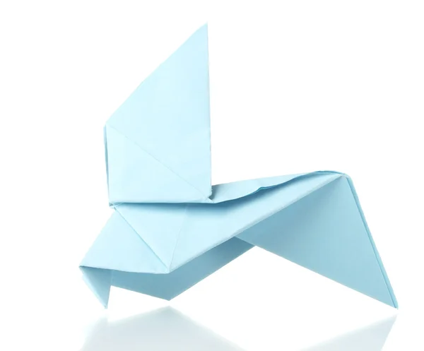 Gołębia origami z niebieskiego papieru na białym tle — Zdjęcie stockowe