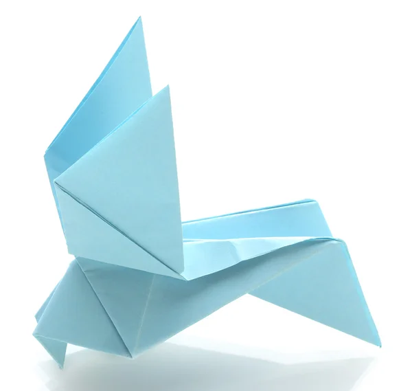 Gołębia origami z niebieskiego papieru na białym tle — Zdjęcie stockowe