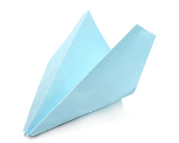 Avion Origami à partir du papier bleu isolé sur blanc — Photo