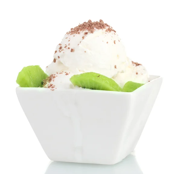Delicious vanilla ice cream with chocolate and kiwi in bowl isolated on white — Stock Photo, Image