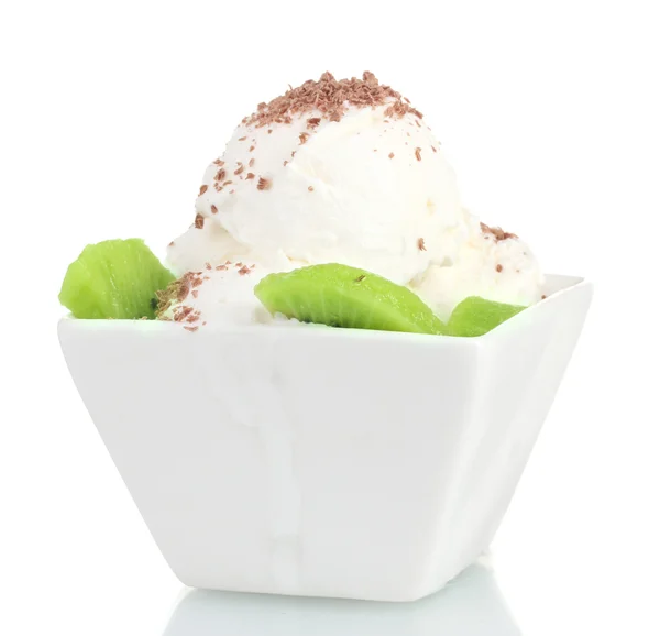 stock image Delicious vanilla ice cream with chocolate and kiwi in bowl isolated on white