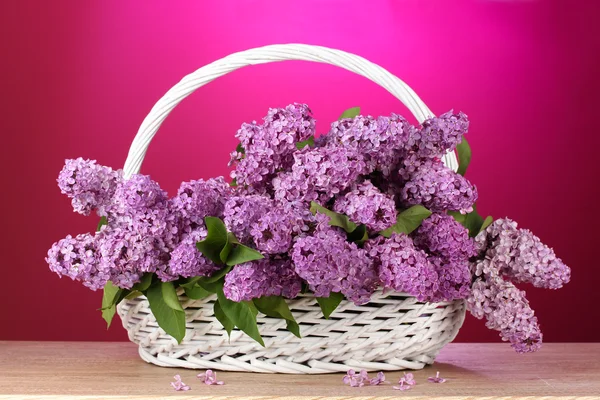 Belas flores lilás na cesta no fundo vermelho — Fotografia de Stock