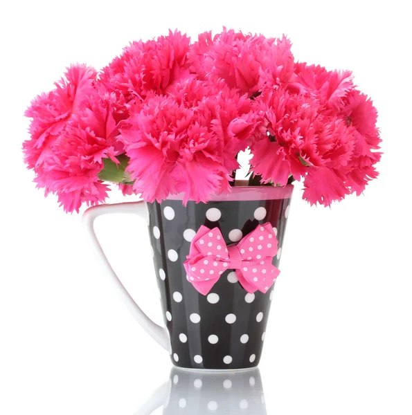 Bouquet of carnations in a cup isolated on white — Stock Photo, Image