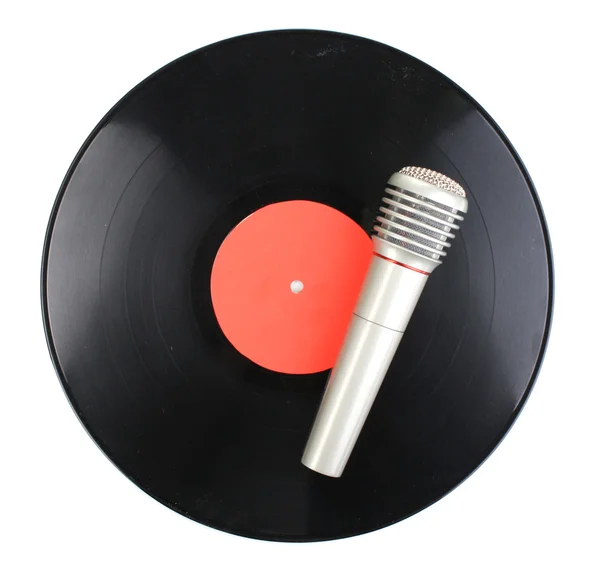 Disque vinyle noir et microphone isolé sur blanc — Photo