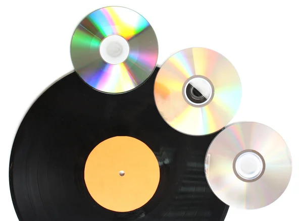 Чорний вініловий запис і компакт-диски ізольовані на білому — стокове фото
