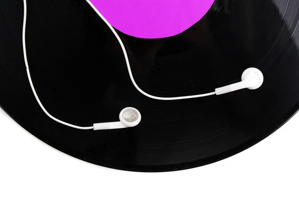 Grabación de vinilo negro y auriculares de primer plano aislados en blanco — Foto de Stock