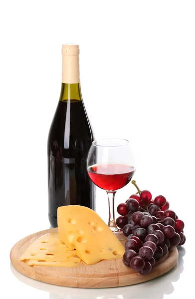 Bottle of great wine with wineglass and cheese isolated on white — Stock Photo, Image