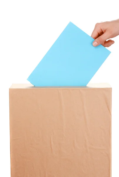 stock image Hand with voting ballot and box isolated on white