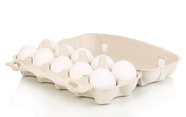 Eieren in papier vak geïsoleerd op wit — Stockfoto