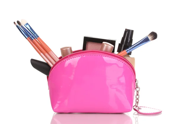 Make up väska med kosmetika och borstar isolerade på vitt — Stockfoto