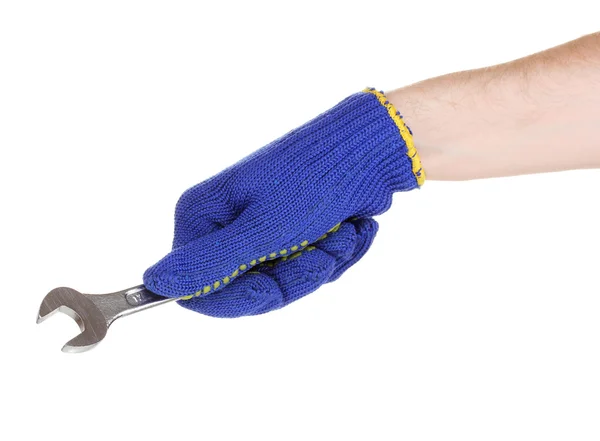 Llave en mano con guante de protección aislado en blanco —  Fotos de Stock