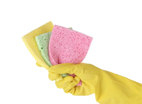 Guante de mano con esponjas de colores en blanco —  Fotos de Stock