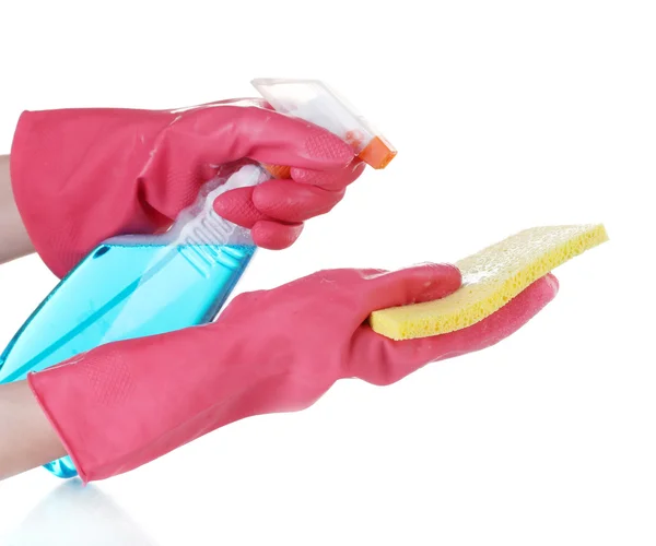 Очищення поверхні в яскравих рукавичках з губкою та засобом для чищення на білому тлі — стокове фото