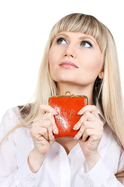 Kvinna med röd plånbok isoleted på vit — Stockfoto