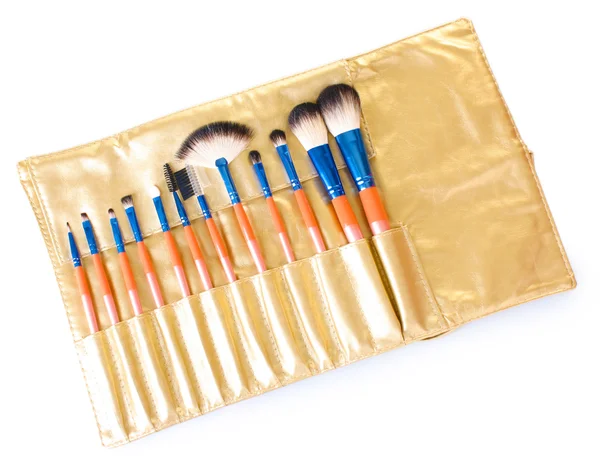 stock image Set of make-up brushes in golden leather case isolated on white