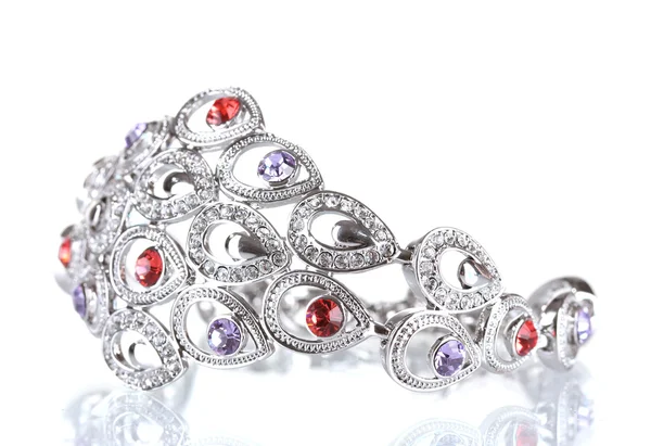 Beautiful silver bracelet with precious stones isolated on white — Stock Photo, Image