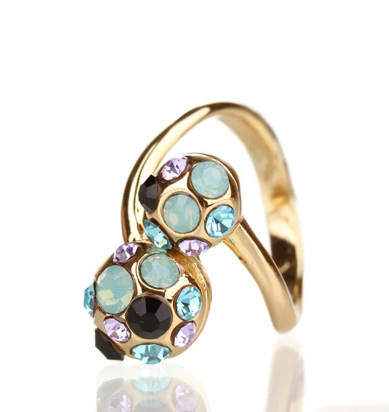 Ring mit schwarzen, lila, blauen und klaren Kristallen isoliert auf weiß — Stockfoto