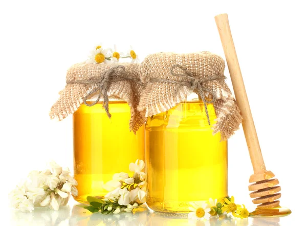Sweet honey in jars and acacia flowers isolated on white Royalty Free Stock Photos