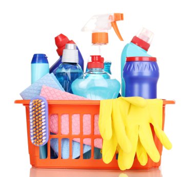 Cleaning items in plastic basket isolated on white clipart