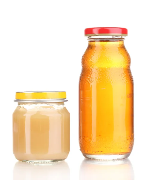 Jar of baby puree and juice isolated on white — Stock Photo, Image