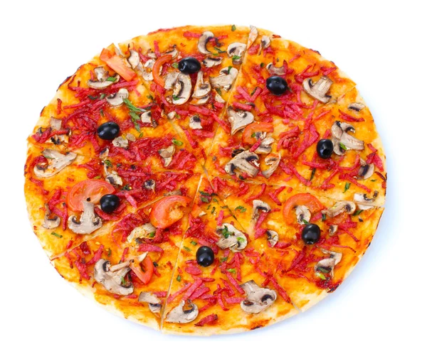 Heerlijke pizza met groenten en salami geïsoleerd op wit — Stockfoto