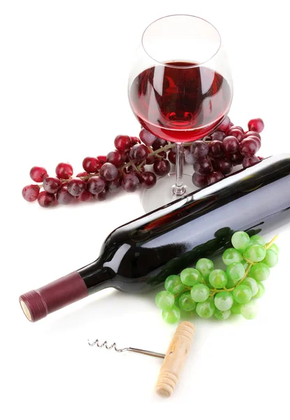 Fles van grote wijn met wijnglas en kurkentrekker geïsoleerd op wit — Stockfoto