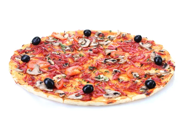 Delicious pizza with vegetables and salami isolated on white — Stock Photo, Image
