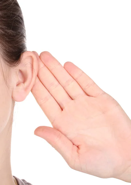 Lidské ucho a rukou detail izolované na bílém — Stock fotografie