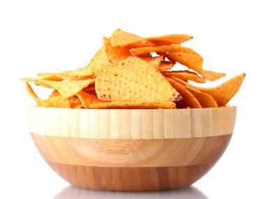 Tasty potato chips in wooden bowl isolated on white clipart