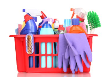 Cleaning items in plastic basket isolated on white clipart