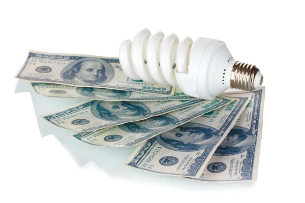 Energiesparlampe und Geld isoliert auf weiß — Stockfoto