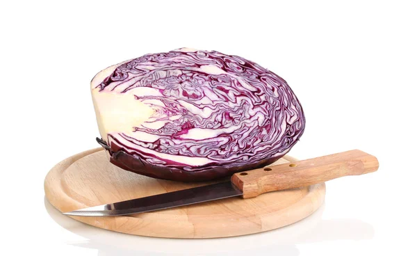 Red cabbage on wooden chopping board isolated on white — Stock Photo, Image