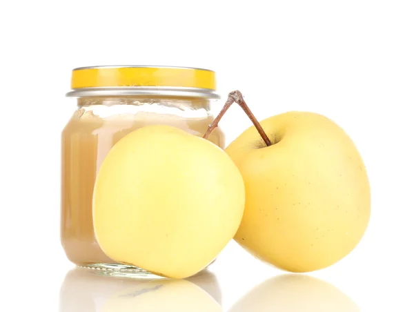 Jar of baby puree and apples isolated on white — Stock Photo, Image