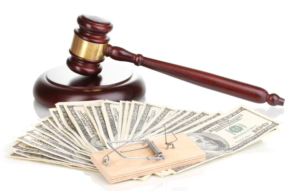 Dollar banknotes with judge's gavel and mousetrap isolated on white — Stock Photo, Image