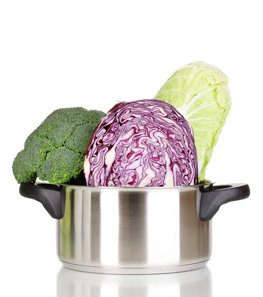 Saucepan with cabbages and broccoli isolated on white — Stock Photo, Image