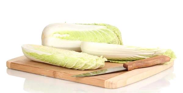 Chinese cabbage on wooden chopping board isolated on white — Stock Photo, Image