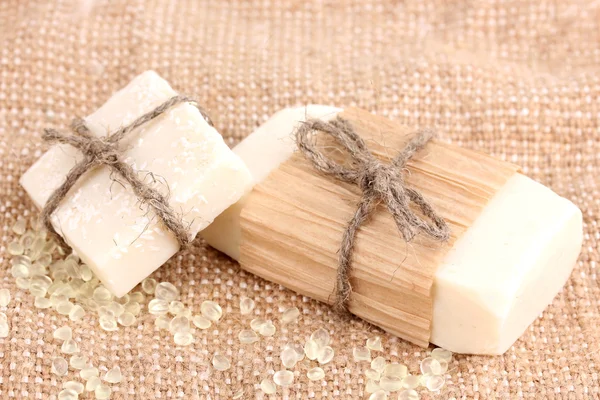 stock image Hand-made herbal soap on sackcloth