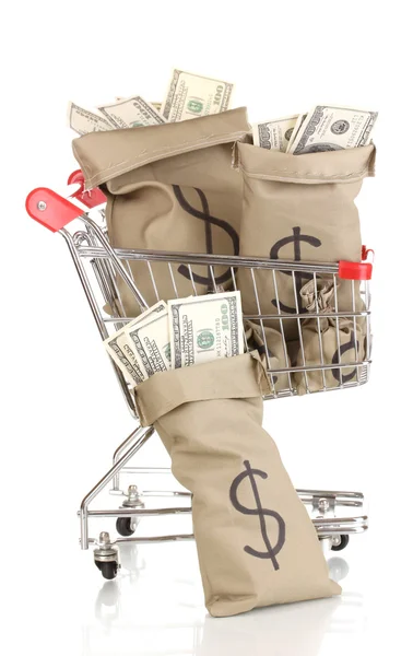 Taschen mit Geld im Einkaufswagen isoliert auf weiß — Stockfoto