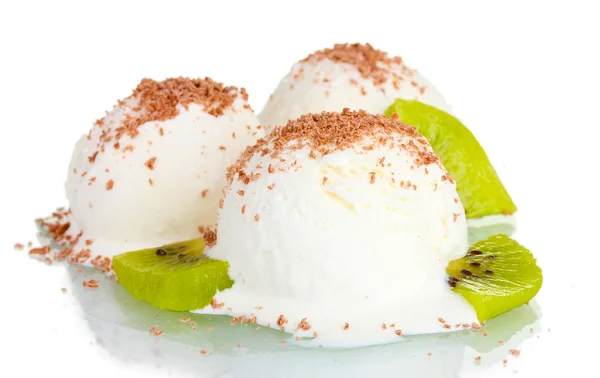 Leckeres Vanilleeis mit Schokolade und Kiwi auf weißem Eis — Stockfoto