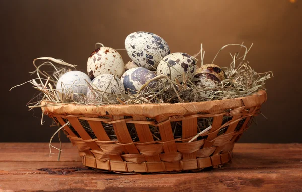 Telur puyuh di sarang di meja kayu dengan latar belakang coklat — Stok Foto