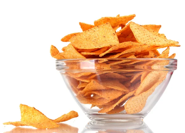 Ízletes chips az elszigetelt fehér átlátszó tál — Stock Fotó