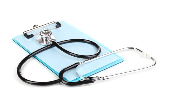 stock image Stethoscope and blank clipboard isolated on white