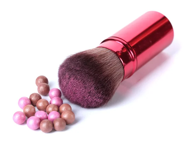 Red brush for make-up with powder balls isolated on white — Stock Photo, Image